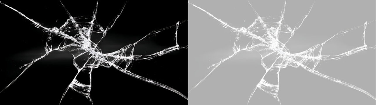 Real shattered glass texture with heavy impact cracks. Broken window screen overlay isolated on transparent and black background