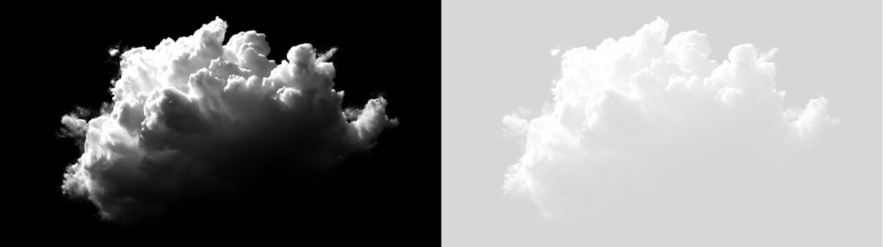 Isolated white cloud asset on transparent alpha background. Detailed cumulus cloud mist overlay element