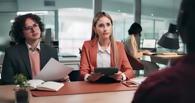 Interview, discussion or people in agency with review, evaluation or onboarding in hiring process. Paper, tech or HR team with meeting, candidate assessment or staff recruitment in career opportunity