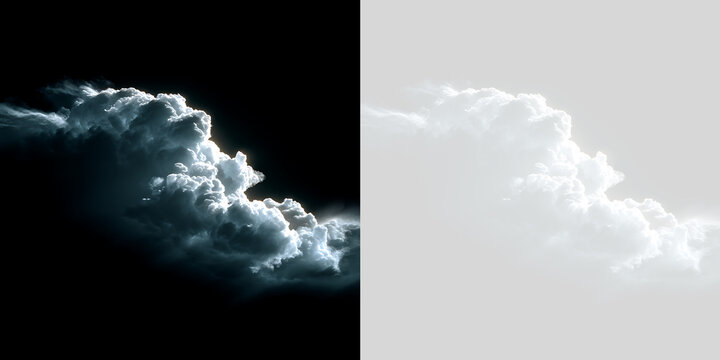 Isolated realistic white cumulus cloud with backlit rim light on black background and alpha transparency cutout channel. Design element overlay for composite artwork