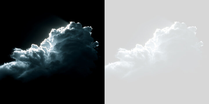 Isolated realistic white cloud with dramatic rim lighting on black background and transparent PNG grid. Volumetric cumulus element for photo editing and design