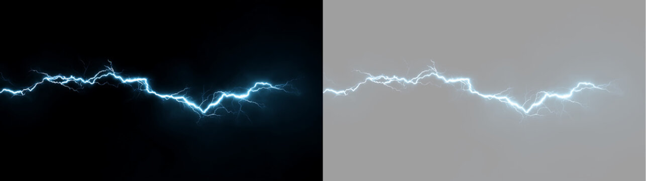 Blue electric lightning bolt overlay effect. Horizontal plasma discharge arc on black and transparent background