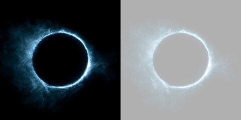 Obraz premium Glowing blue energy portal circle with smoke effect. Isolated plasma ring on black and transparent background for design overlay