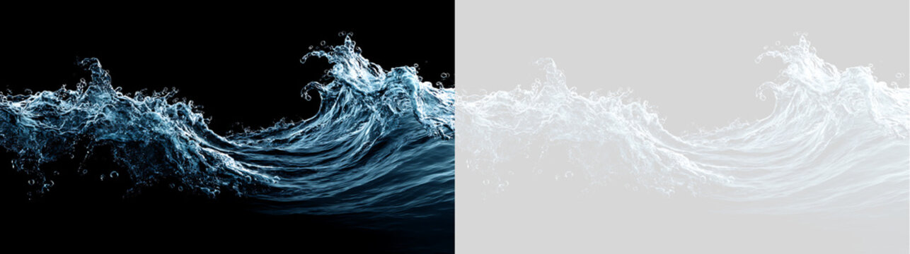 Dynamic water wave splash isolated on black and transparent background. Clear blue liquid wave with droplets for graphic design overlay