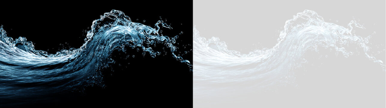 Water wave splash arch isolated on transparent and black background. Dynamic blue liquid movement with drops