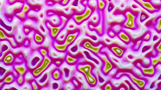 Soft pink and white liquid bubbles swirl and merge in a high frequency pattern. Fast organic fluidity produces a captivating tactile motion surface.