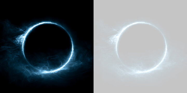 Dynamic glowing blue plasma ring with smoke burst. Abstract magic energy portal effect on transparent background