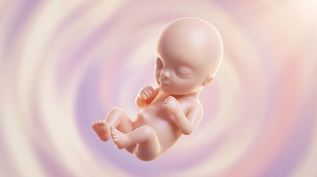 The beautiful beginning of life. A delicate 3D rendering of a human fetus around 11-12 weeks, sleeping peacefully within a soft, glowing, iridescent amniotic realm. Perfect fingers and toes are visibl