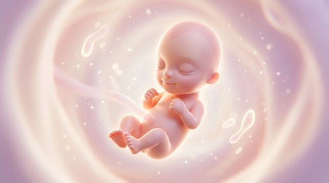 The beautiful beginning of life. A delicate 3D rendering of a human fetus around 11-12 weeks, sleeping peacefully within a soft, glowing, iridescent amniotic realm. Perfect fingers and toes are visibl
