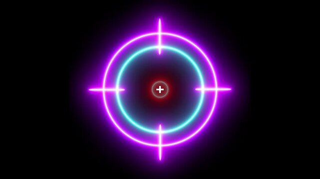 Neon glowing light target concept on the black background. Motion graphics of military training idea. Animation of 4k video. 