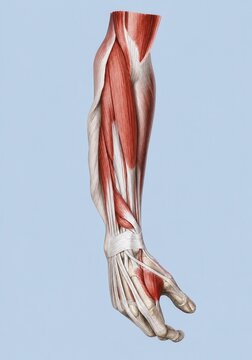 Human forearm and hand anatomy showing muscles tendons bones and wrist structures