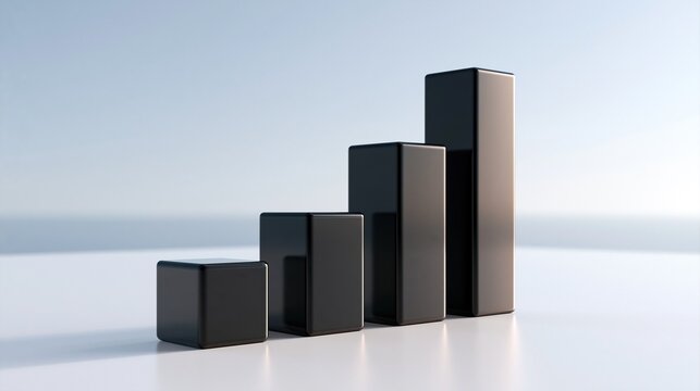 Four glossy black growing bar chart columns getting taller from left to right on clean light background showing steady business growth and positive market progress