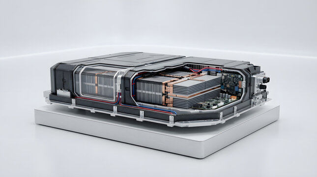 Electric Vehicle Battery Pack Side Cross Section with Transparent Housing and Internal Lithium Ion Battery Modules 3D Illustration