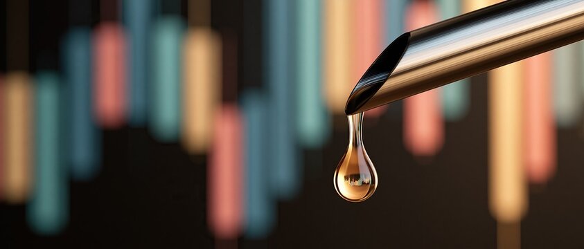 Golden crude oil drop dripping from metal pipeline with blurred trading candlestick chart background representing energy market and global finance