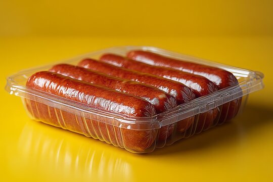 Smoked sausages in single-use plastic container on yellow background. Conceptual image for plastic pollution, ecological footprint, non-recyclable packaging and consumer waste problem.