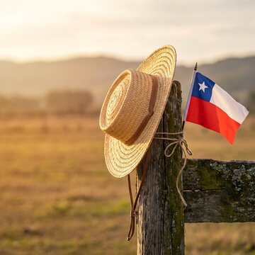 Straw hat and Chilean flag on a rustic wooden fence at golden hour in rural landscape