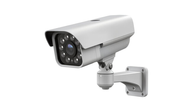 Modern security camera with infrared LEDs mounted on a bracket, isolated on transparent background