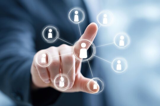 Hand interacting with digital network of human contacts
