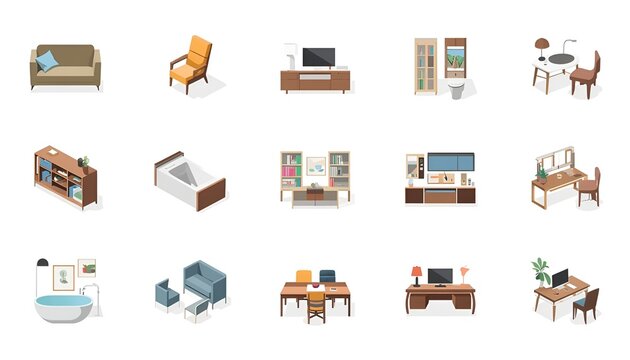 Top View Set of Modern Furniture Icons for Architectural Interior Design Floor Plans Including Sofa, Armchair, Dining Table, Bathroom Fixtures, Cabinets, Chairs and Office Desk