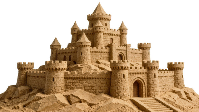Intricate sandcastle fortress with multiple towers and battlements, isolated on transparent background
