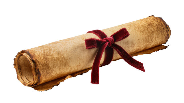 Aged parchment scroll tied with a red velvet ribbon, isolated on transparent background