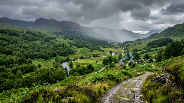A scenic view of a winding river in a green Scottish mountain valley under a rainy sky