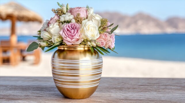 A golden striped vase holding a bouquet of pink and white roses rests on a wooden table, with a blurred beach, blue sea, distant mountains and a thatched beach shelter in the background.

