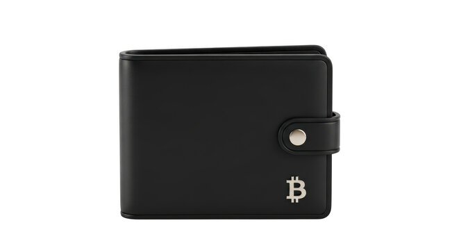 Black leather wallet with bitcoin symbol for crypto.