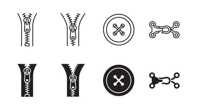 Set of clothing fastener icons including zippers buttons and hook clasps in flat outline and solid graphic style