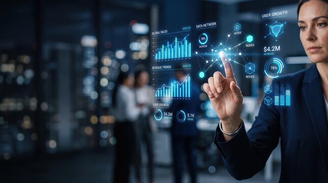 Professional businesswoman interacting with a futuristic holographic interface displaying financial charts, user growth statistics, and data network nodes in a modern office