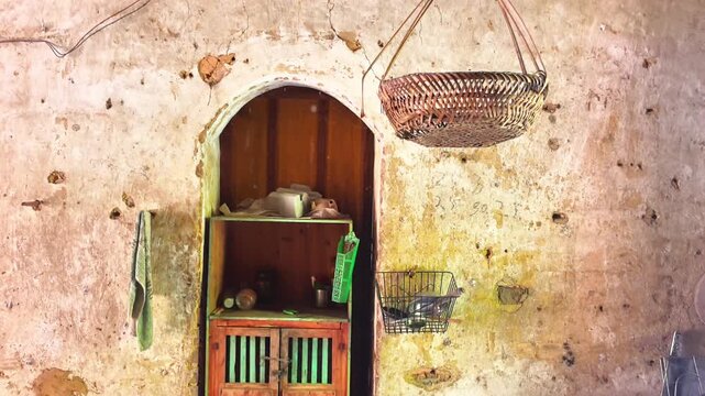 Vintage rural house interior with peeling yellow walls and traditional household utensils hanging on wooden wall hooks