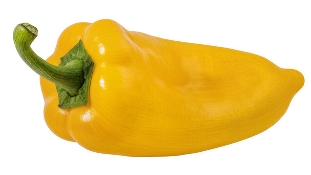Bright yellow bell pepper with green stem, isolated on transparent background