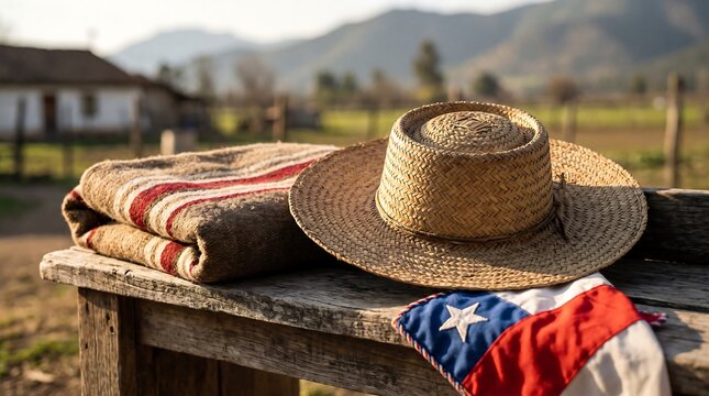 Woven straw hat and Chilean flag on rustic wooden table with rural landscape backdrop