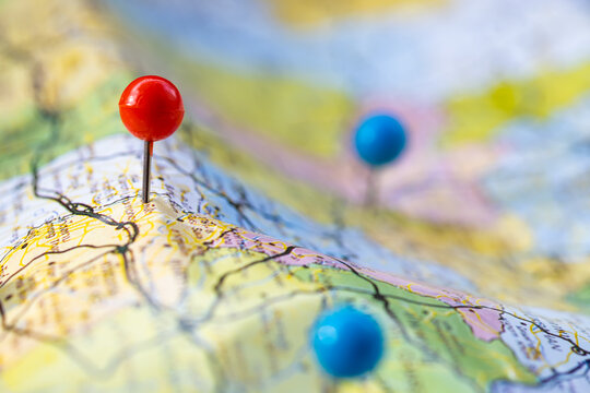 Map with multiple colored location markers illustrating geographic mapping, navigation, destination points, travel routes, location tracking, and spatial planning concepts.