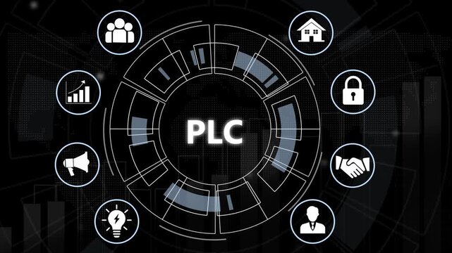 Programmable logic controller plc industrial automation technology concept featuring digital hud interface with network connectivity for smart manufacturing systems and advanced engineering solutions