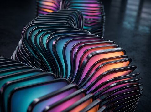 Abstract Futuristic Metallic Wave Sculpture with Glowing Cyan, Purple, and Orange Panel Gradient and Neon Lighting
