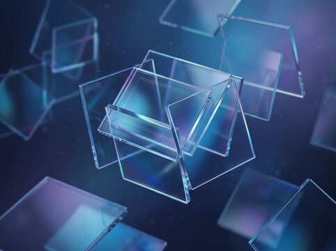 Abstract Transparent Glass Cube and Floating Geometric Plates with Holographic Dispersion Prism Light on Dark Blue Background for Tech and Data