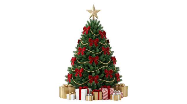Decorated christmas tree with many gift boxes underneath isolated on transparent background