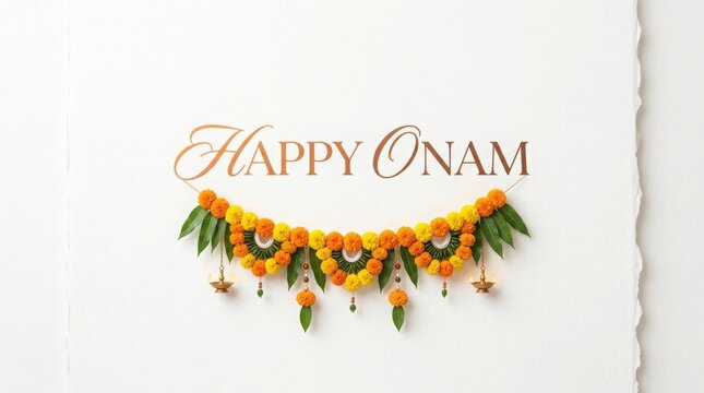 Happy onam minimal elegant greeting card design marigold garland traditional kerala festival celebration background.
