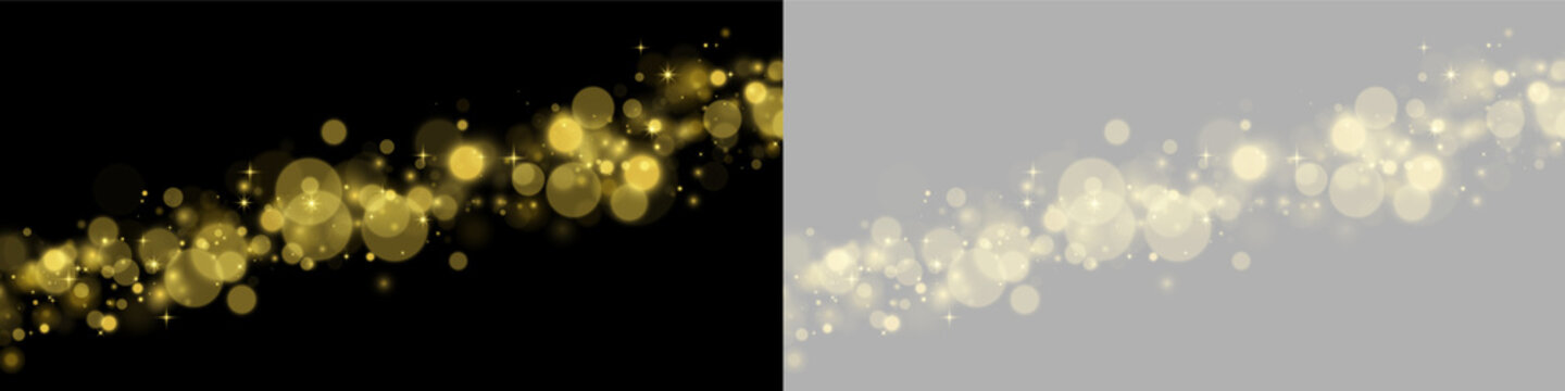 Diagonal stream of soft golden bokeh lights with sparkling star effects on black background on transparent background