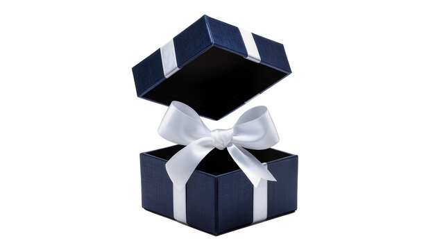 Open navy blue gift box with white ribbon and bow, isolated on transparent background