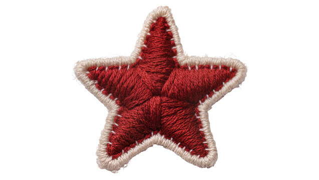 Red embroidered star patch with cream stitching, isolated on transparent background