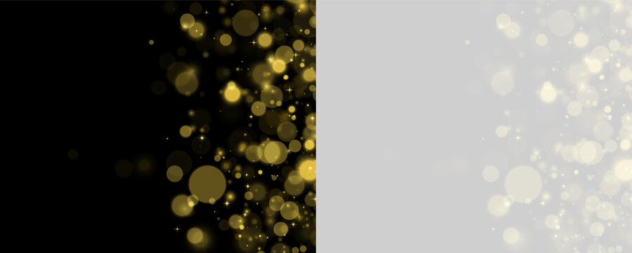 Soft golden light bokeh with scattered glowing stars against a dark background on transparent background