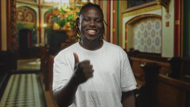 Man smiling and giving thumbs up in church building among wooden pews and patterned tile aisle; joy faith community.