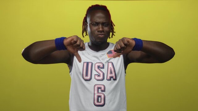 Man wearing usa basketball jersey and wristbands showing thumbs down in yellow studio; disapproval critique.