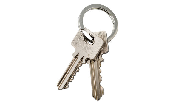 Two silver metal keys attached to a round keyring, isolated on transparent background