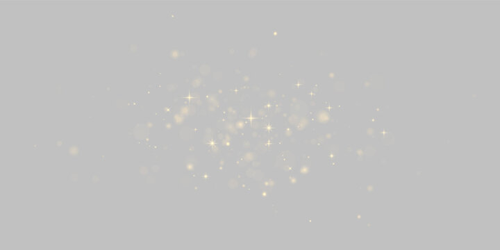 Scattered golden light particles and glowing starbursts on a black background on transparent background