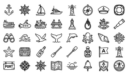 Nautical Line Art Icon Pack Editable Stroke Marine Vector Illustration © Md