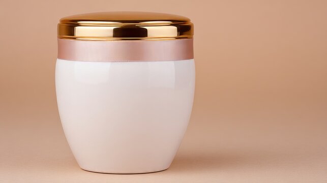 This is a minimalist product shot of a glossy white cosmetic jar, fitted with a rose gold band and polished golden lid, placed against a plain warm beige background.

