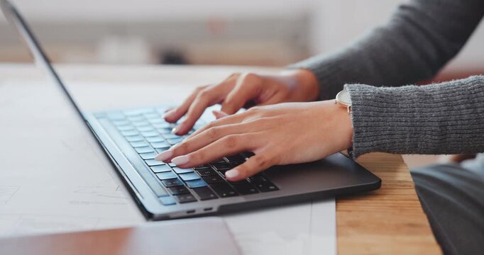 Hands, woman and architect in office with laptop, research and permit application for architecture. Person, typing and blueprint in workplace with pc, client proposal and cost survey for development